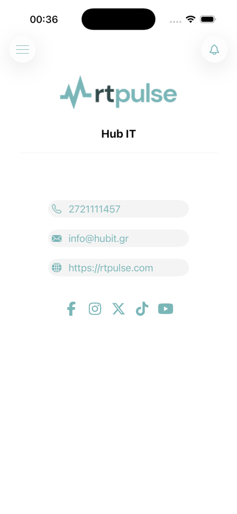 Kontaktinformationsseite für die RT Pulse App mit Telefonnummer, E-Mail, Website und Links zu sozialen Medien von Hub IT