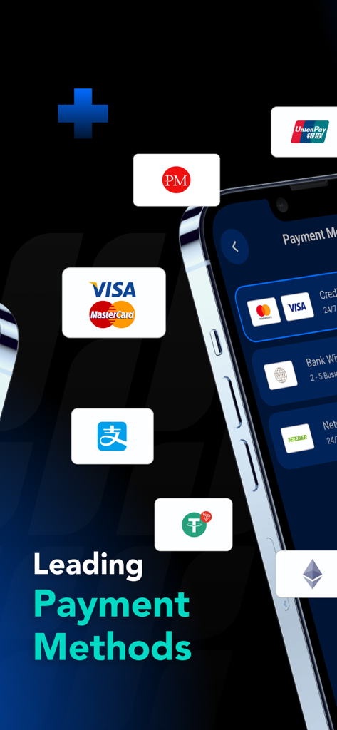 PU Prime - Forex Trading - Visa、Mastercard、仮想通貨を含む対応決済方法を表示するPU Primeのモバイルアプリインターフェース
