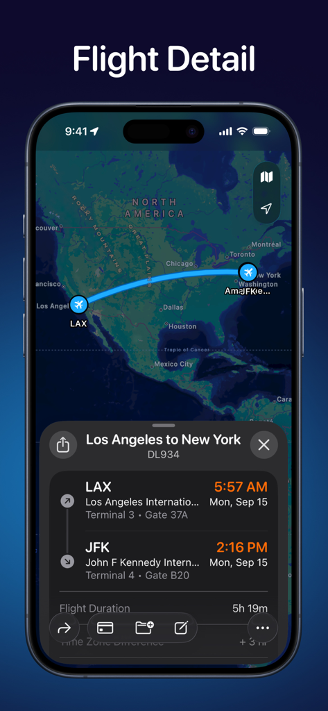 Tripsy flight detail screen with map showing route from LAX to JFK