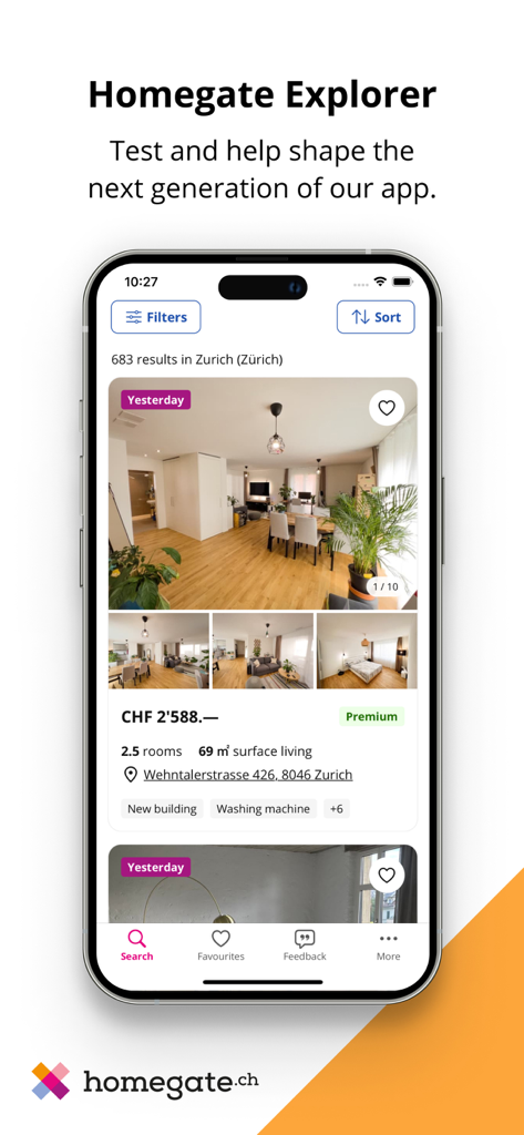 Homegate Explorer mobile app interface showing an apartment listing in Zurich Switzerland