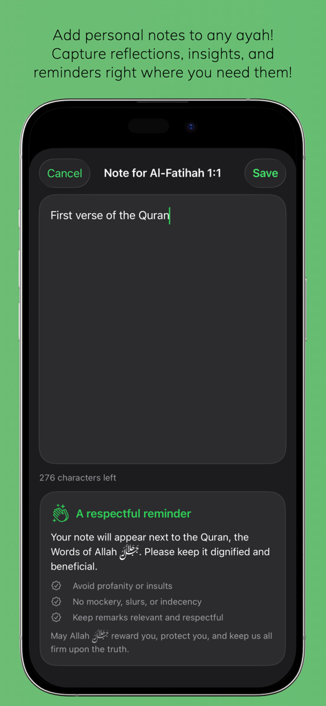 Al-Quran | Beginner Quran - Interface showing the personal notes and reflection feature for Quranic verses