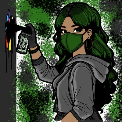 realistic girl with mask spray painting a wall