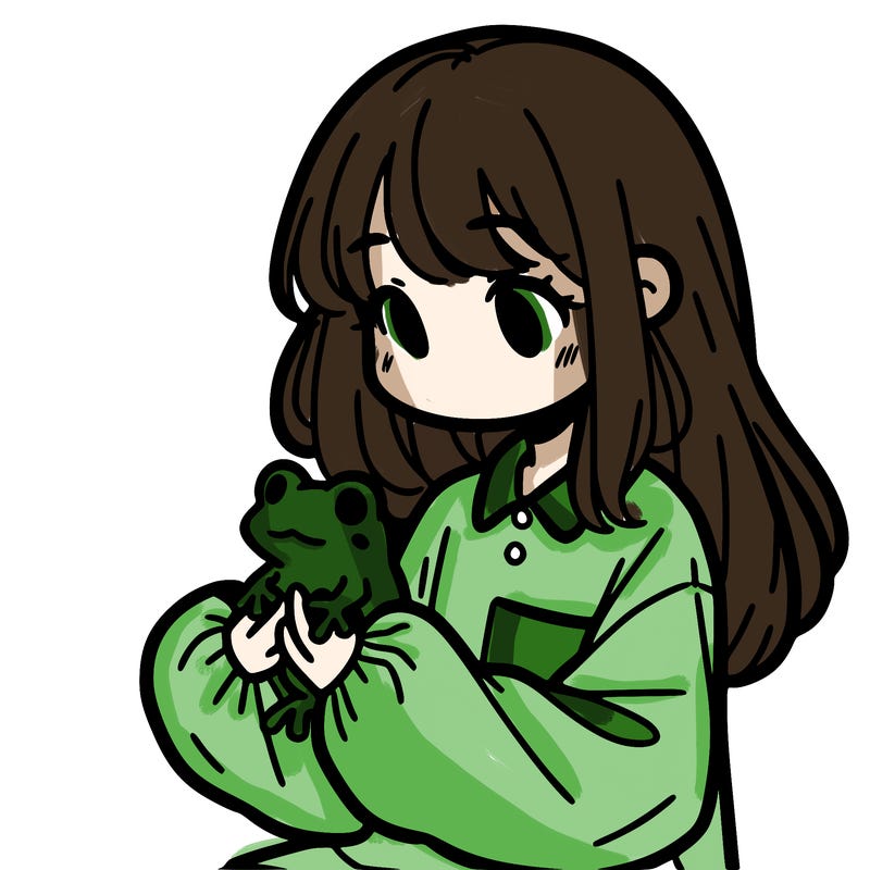 girl with long hair and a oversized shirt. and she is holding a frog