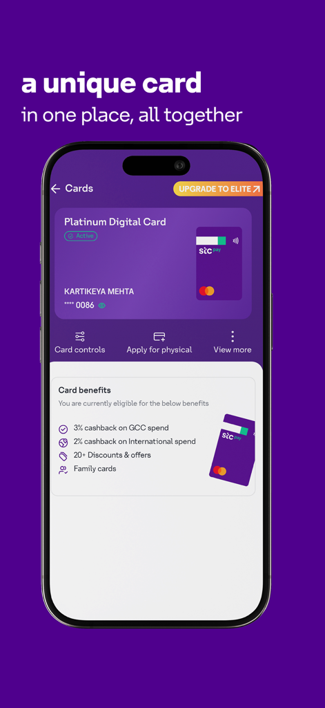 Interface of the stc pay BH app showing a Platinum Digital Card and its cashback benefits.