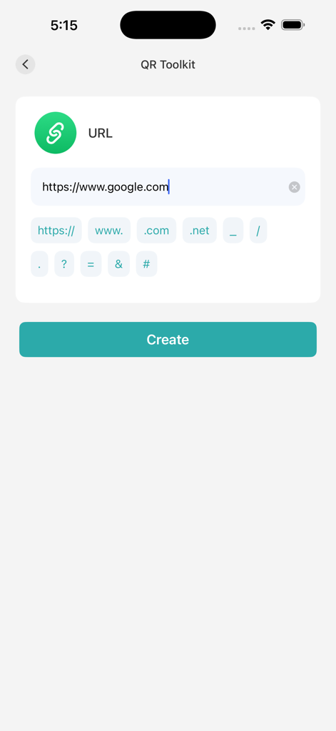 QR Toolkit - Scan&Code - A screen in the QR Toolkit app for creating a QR code from a URL with common domain shortcuts and a create button.