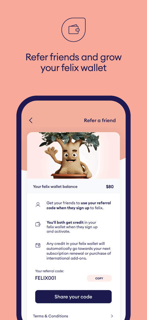 Felix mobile app refer a friend screen showing wallet balance and referral code