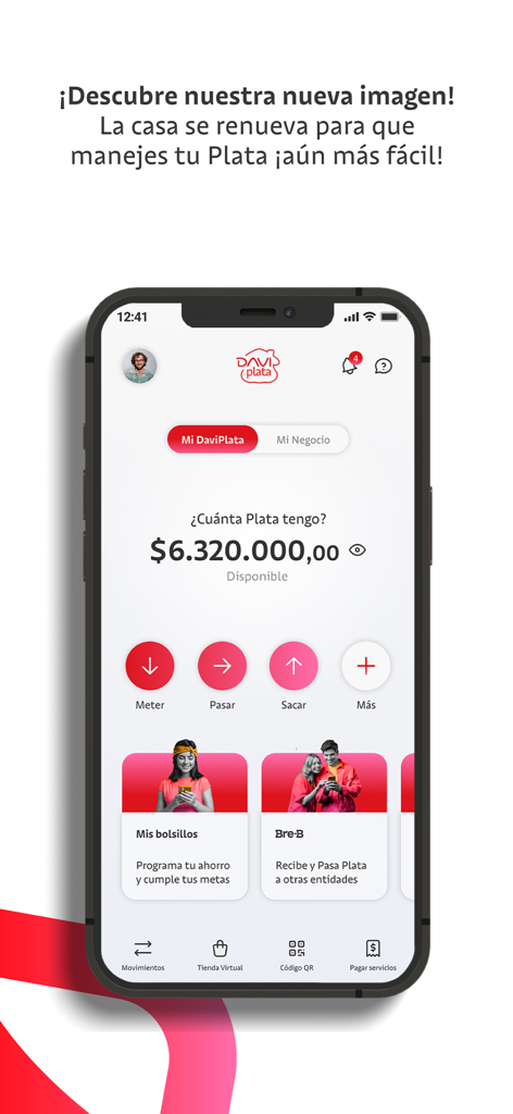 Mobile dashboard of the DaviPlata app displaying current balance and navigation buttons for financial services