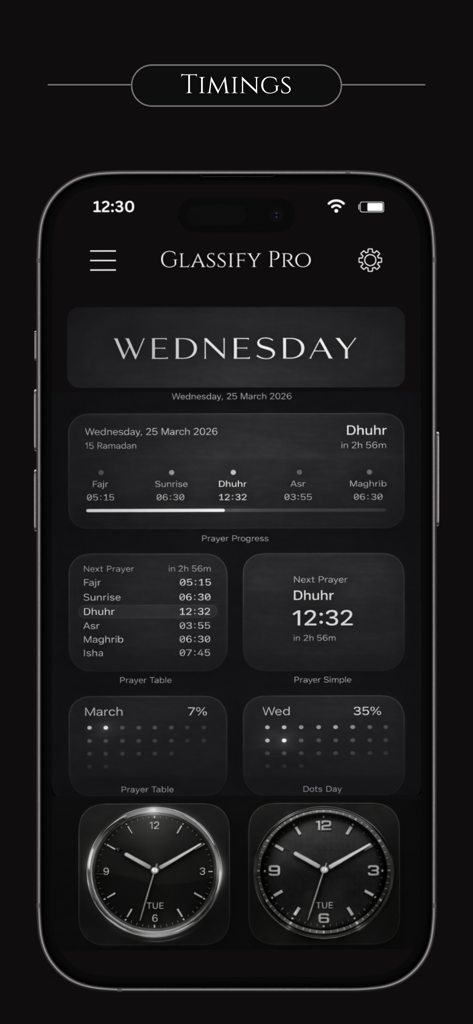 Glassify Pro Widgets and Theme - Uma tela de iPhone exibindo o aplicativo Glassify Pro com widgets de vidro escuro para horários de oração e relógios analógicos.