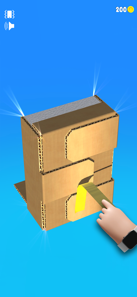 Open The Box - Une main retire du ruban adhésif jaune d'une boîte en carton dans le jeu de puzzle Open The Box.