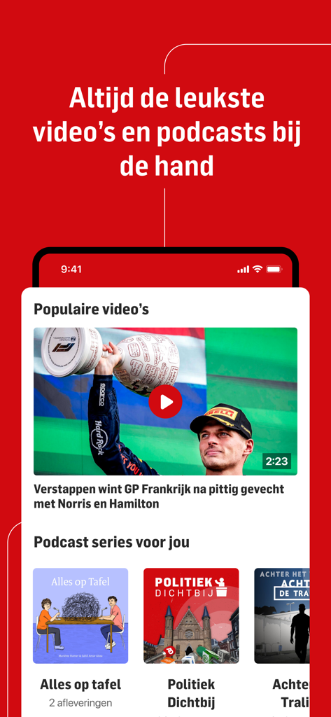 Interface de l'application d'actualités AD affichant des vidéos populaires et des recommandations de podcasts néerlandais