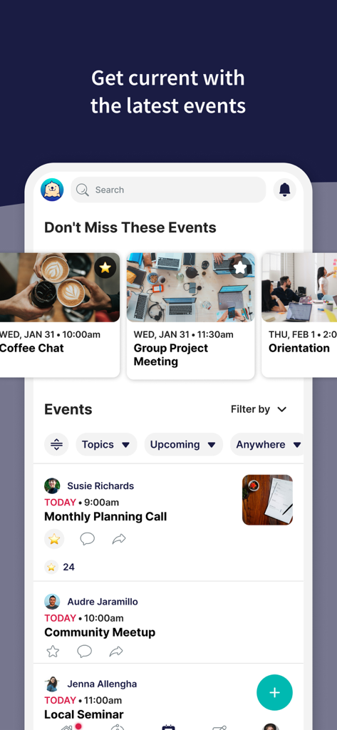 Raftr – Get Current - Raftr app interface showing a feed of upcoming community events and group meetings