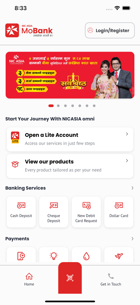 Interface of the NIC ASIA MoBank app showing banking services and account options