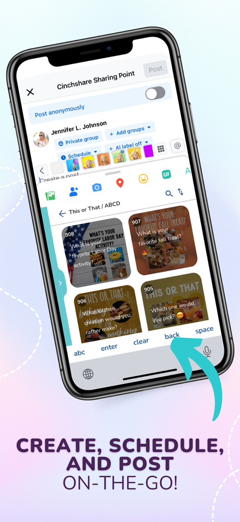 CinchShare mobile app interface on a smartphone showing social media post scheduling and content library