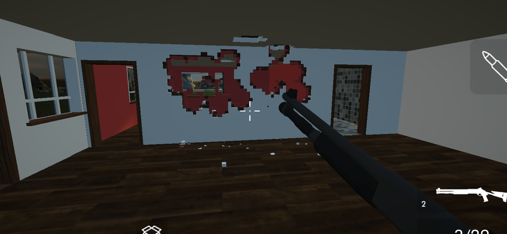 Building Destruction - Vue à la première personne d'un fusil à pompe faisant des trous dans un mur dans le jeu Building Destruction