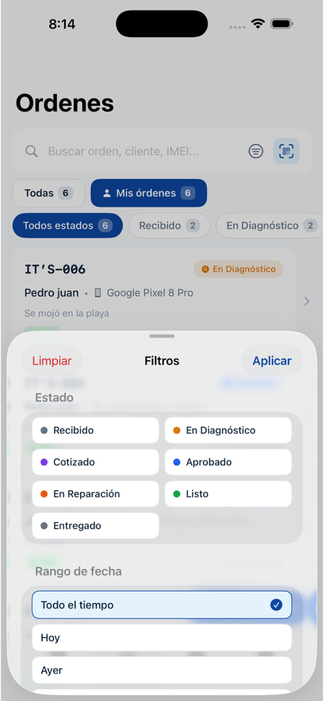 axer - Axer mobile app orders screen showing status and date filters for electronic device repairs