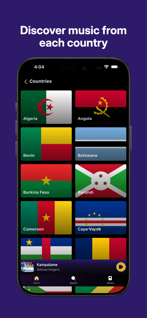 AfroCharts interface for browsing African music by country with national flags