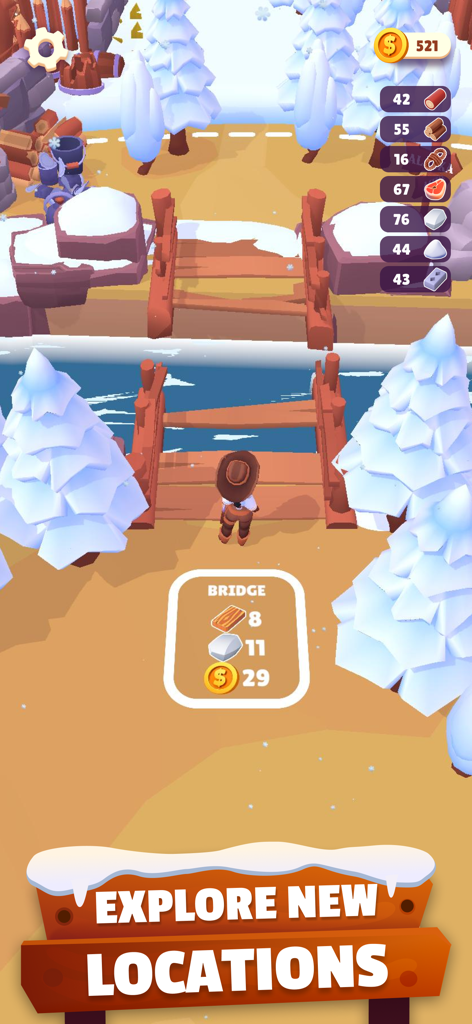 Gold Rush: Frozen Adventures - 눈 덮인 숲의 캐릭터가 부서진 나무 다리를 바라보며 새로운 지역을 잠금 해제하기 위한 자원 요구 사항 메뉴가 표시됩니다.