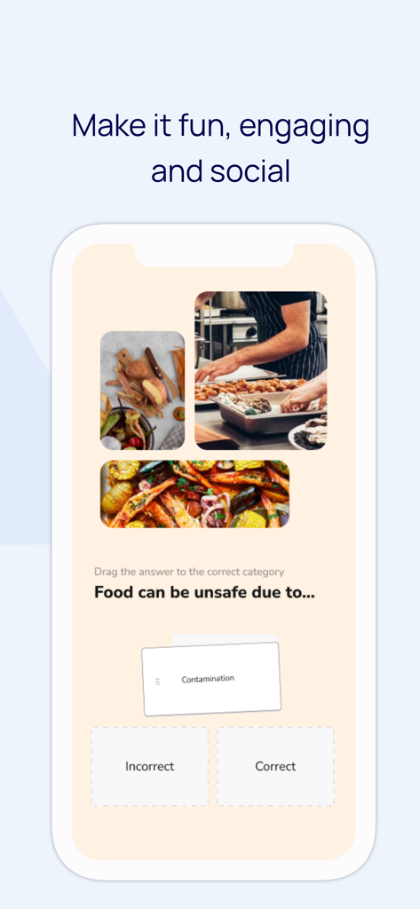 Learningbank - Learningbank app interface showing an interactive food safety training quiz with drag and drop gameplay