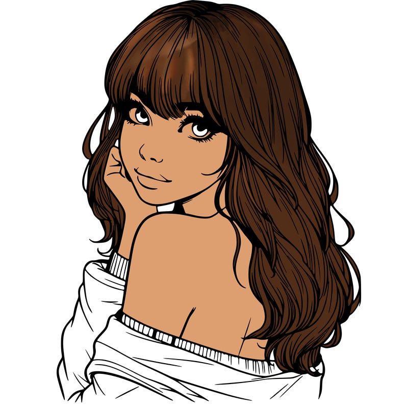 realistic girl with bangs looking over her shoulder
