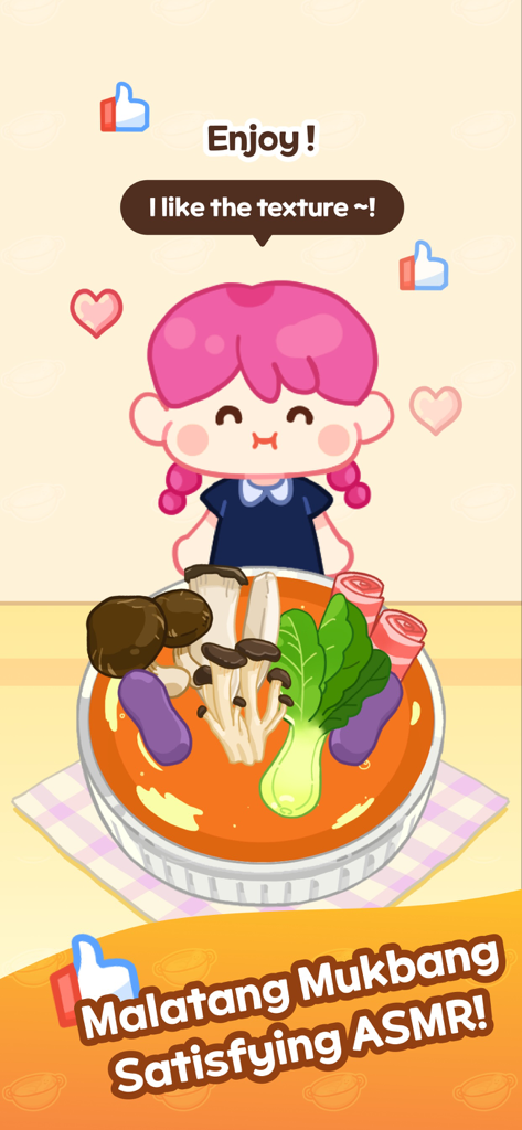 A cute pink haired cartoon character enjoying a bowl of malatang spicy hotpot in a mukbang simulation