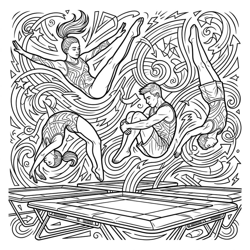 Dive into the thrilling world of trampoline gymnastics with this action-packed coloring page designed specifically for teens. Capture the energy and grace of aerial maneuvers with your favorite colors.