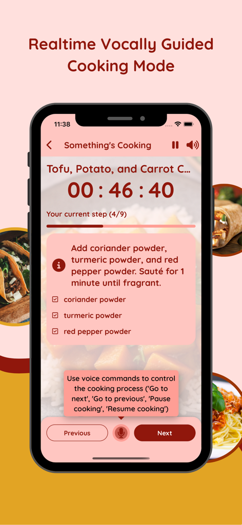 CookAI: AI Recipe Generator - Realtime vocally guided cooking mode in the CookAI app displaying a step by step recipe with a timer and voice control options