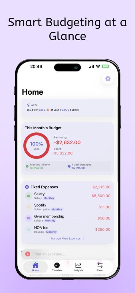 Flow - AI Expense Tracker - Home dashboard of Flow AI Expense Tracker showing monthly budget progress and fixed expenses
