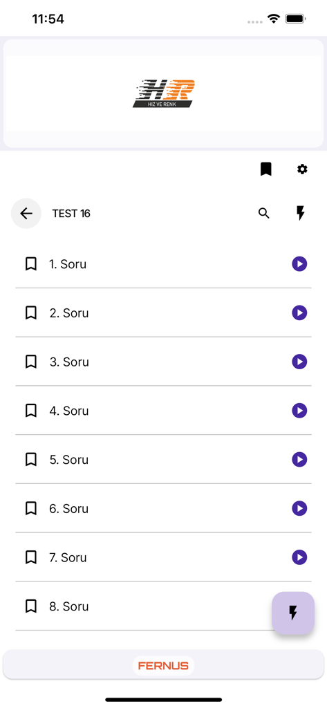 Mobile app interface displaying a list of test questions with video solution play buttons