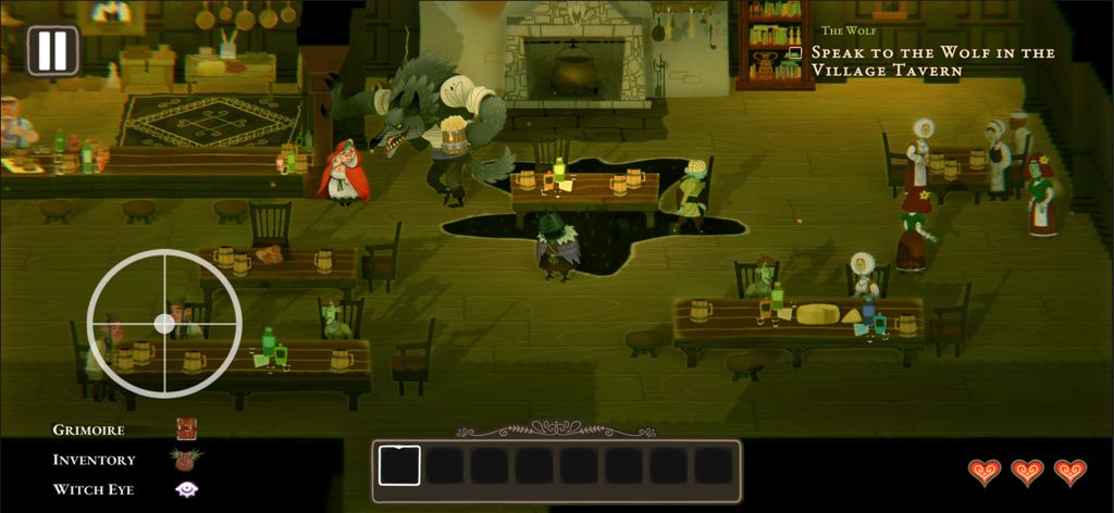 Wytchwood - The witch character in a gothic style village tavern with a wolf and other characters in Wytchwood.