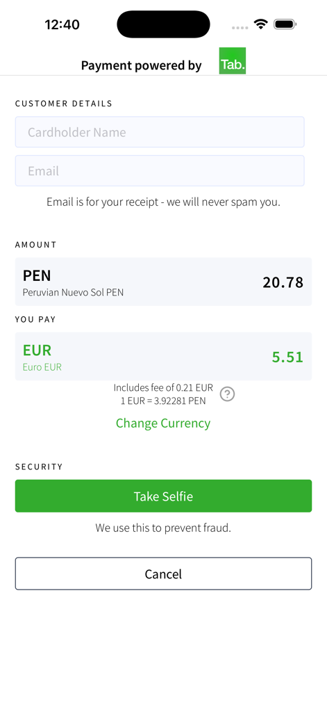 Tab (for Business) - Pantalla de pago de la aplicación Tab for Business mostrando detalles del procesamiento del pago y verificación de selfie de seguridad.