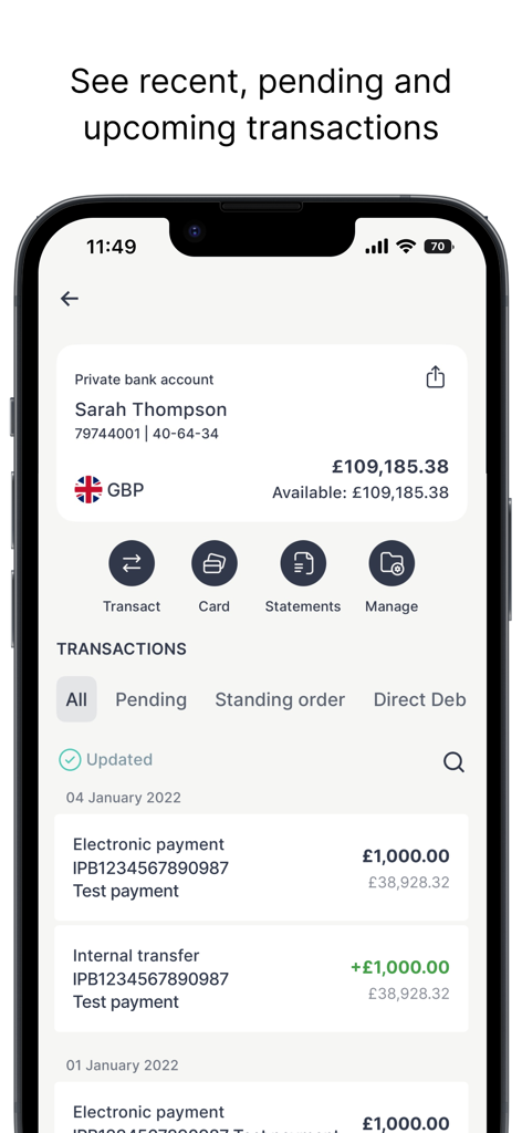 Investec UK app interface showing a private bank account balance in GBP with a list of recent and pending transactions.