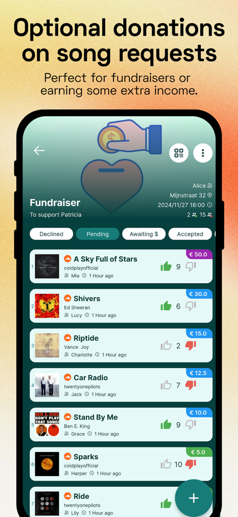 Rekwest - Song requests - Rekwest app screen showing song requests with integrated donation amounts for fundraisers and events