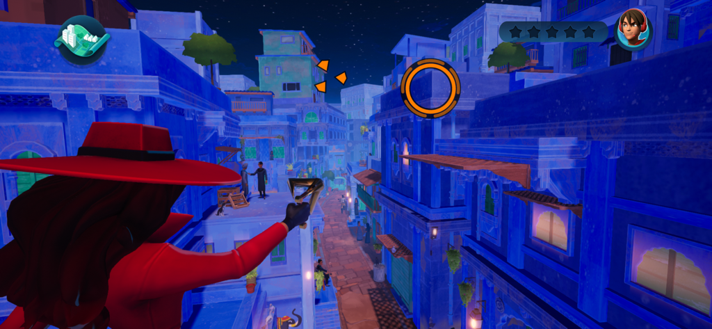 Carmen Sandiego aiming a grappling hook from a rooftop overlooking a blue city at night