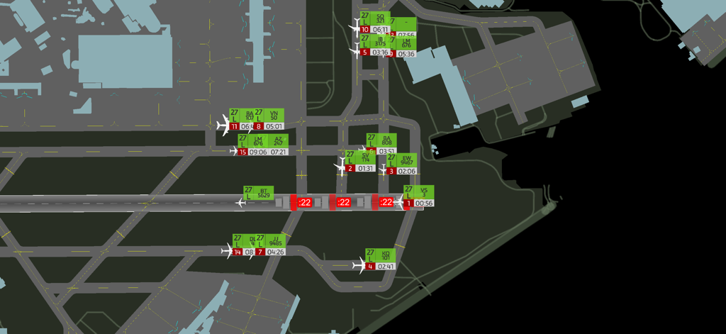 Una vista cenital del juego de simulación de control de tierra del aeropuerto en Hello Tower.