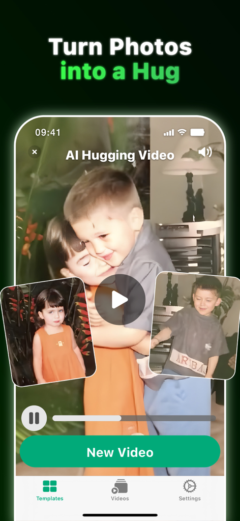 VidAI - AI Hug Video Maker - VidAI app interface demonstrating how to turn two separate photos of children into an AI generated hugging video.