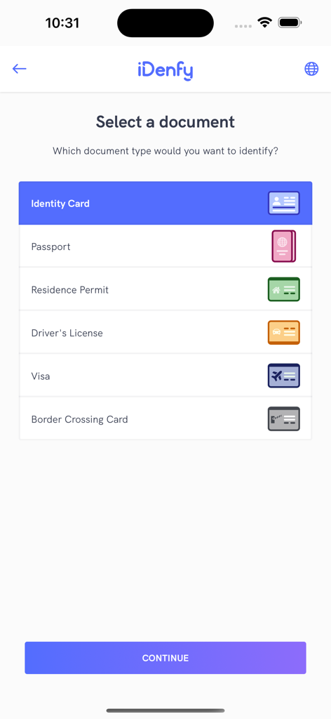 Screen in the iDenfy app where users select their document type for identity verification such as an ID card or passport