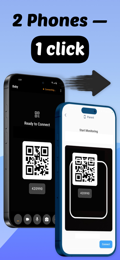Baby Monitor Camera - NannyCam - Two phones pairing via QR code to set up the NannyCam baby monitor app