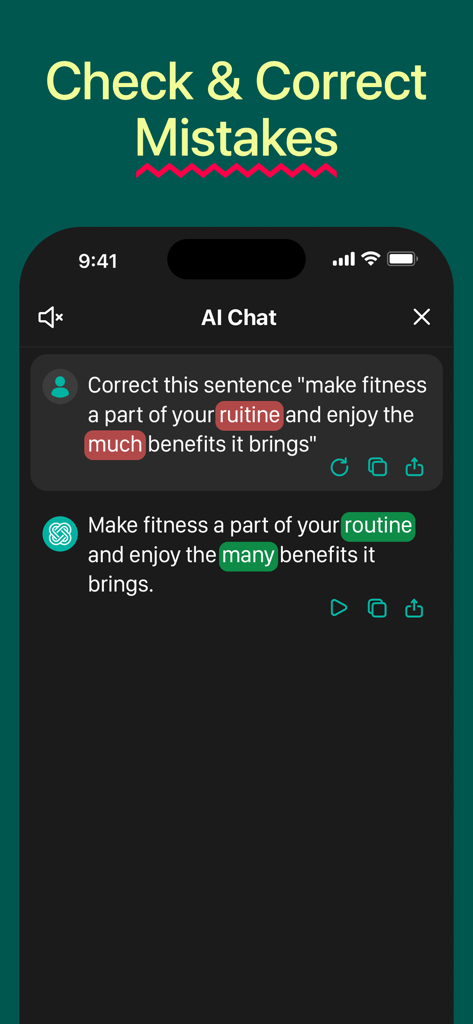 AI Chatbot with Сhat - Chatrun - Interface of the Chatrun app showing AI-powered grammar and spelling correction in a chat view.