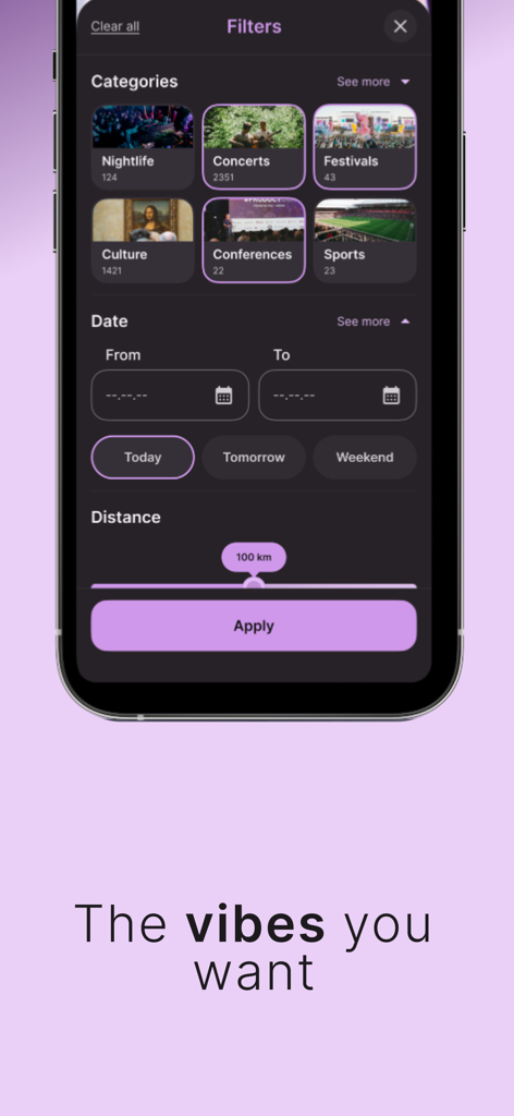 Ela app screen showing event filters for category date and distance