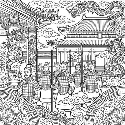 Step back in time to the powerful Qin Dynasty with this intricate coloring page. Featuring the iconic Terracotta Army warriors and majestic ancient Chinese architecture, it offers a fascinating glimpse into history.