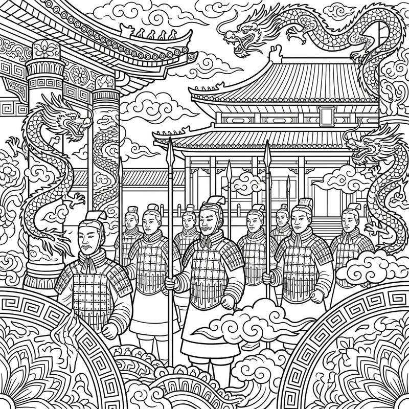 Step back in time to the powerful Qin Dynasty with this intricate coloring page. Featuring the iconic Terracotta Army warriors and majestic ancient Chinese architecture, it offers a fascinating glimpse into history.