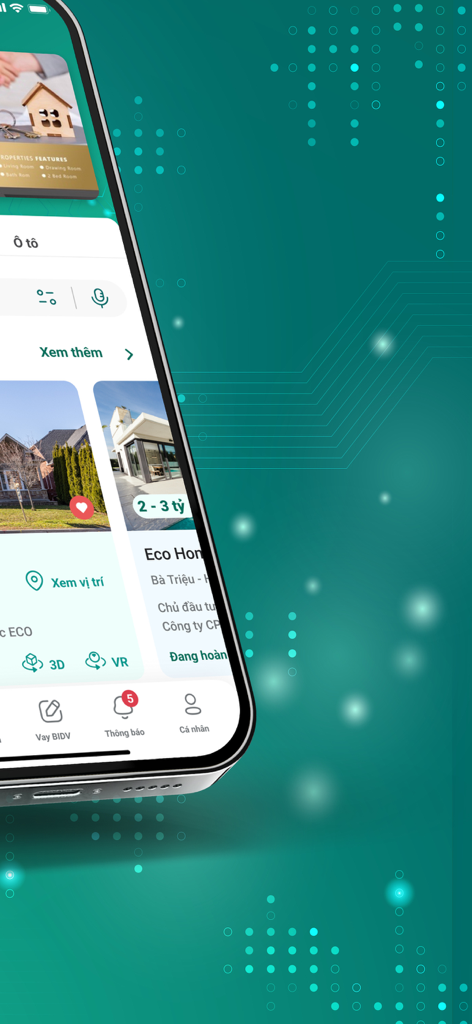 BIDV Home - BIDV Home mobile application interface showcasing real estate listings and mortgage loan services