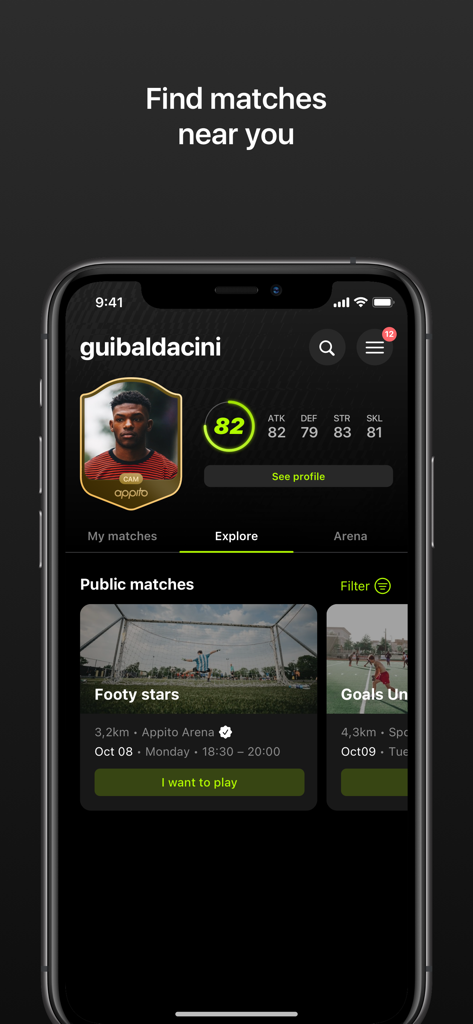 Appito app screen showing a player profile card with skills and a list of public soccer matches nearby with a button to join.