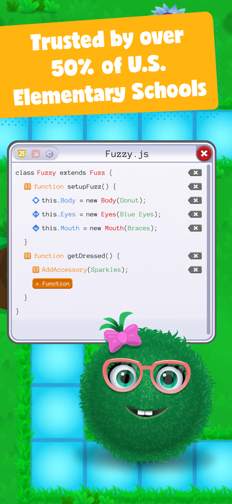 Kodable Basics - Interface do aplicativo Kodable Basics mostrando código JavaScript e um personagem peludo verde com um banner declarando que é confiável por mais de 50% das escolas primárias dos EUA.