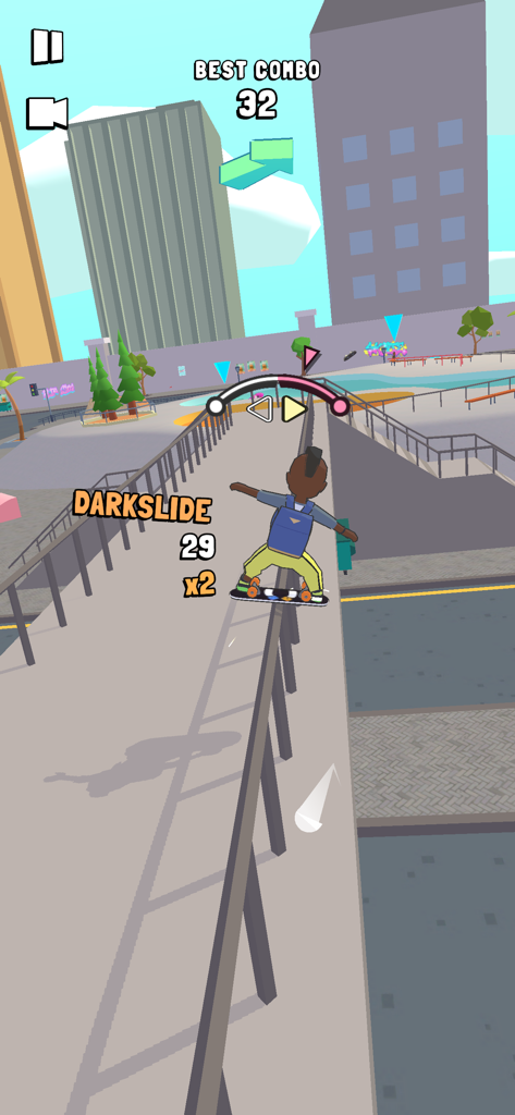 Perfect Grind - Um personagem fazendo um truque de darkslide em um corrimão no jogo mobile Perfect Grind.