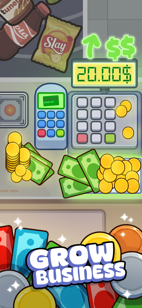 Cash register interface showing money and products in a grocery simulation game
