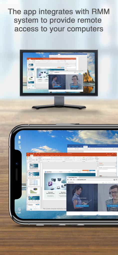 Splashtop for RMMアプリがiPhoneとデスクトップモニターにリモートコンピューターのデスクトップセッションを表示している様子