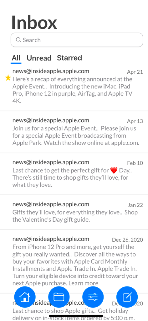 Mail App for Outlook - Inbox interface of Mail App for Outlook showing a list of recent emails and navigation menu