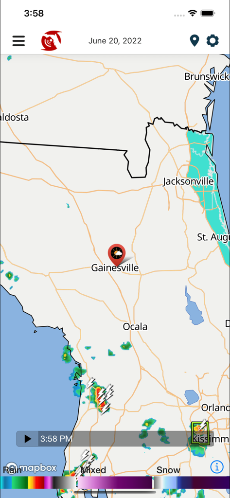 Florida Storms - Interactive weather radar map in the Florida Storms app showing storm tracks and lightning alerts