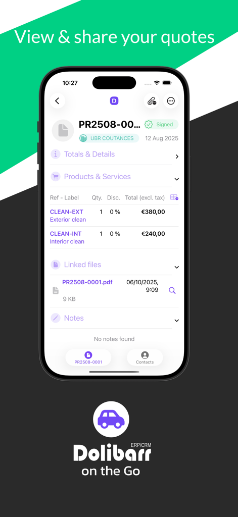 DoliApp: My Dolibarr ERP CRM - DoliApp-Mobile-Oberfläche auf einem iPhone, die ein unterzeichnetes Geschäftsangebot mit detaillierten Posten und verknüpften PDF-Dateien anzeigt